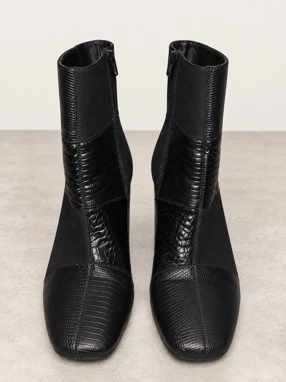 Black Croc-Texture Square-Toe Ankle Boots